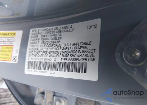 2022 Honda Accord Hybrid Sport from USA, damaged, VIN 1HGCV3F26NA041521